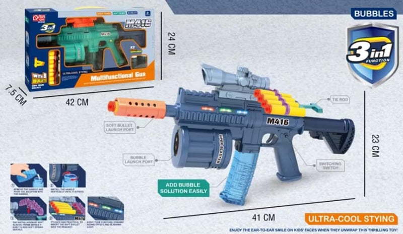 SHAKTISM بندقية ألعاب متعددة الوظائف SHAKTISM M416 3 في 1، تركواز، تعمل بالبطارية مع فقاعة، تأثيرات ضوئية وصوتية، مناسبة للأعمار 3+ (توزيع لون عشوائي) - Image 2