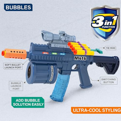 SHAKTISM بندقية ألعاب متعددة الوظائف SHAKTISM M416 3 في 1، تركواز، تعمل بالبطارية مع فقاعة، تأثيرات ضوئية وصوتية، مناسبة للأعمار 3+ (توزيع لون عشوائي) - Image 3