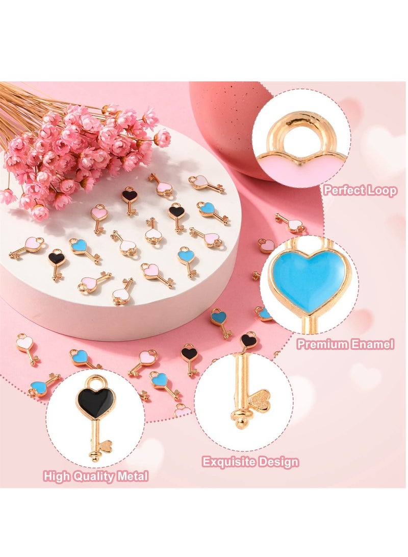 سيوسي سحر قفل مفتاح القلب من سبيكة المينا، 100 قطعة من المينا المتدلية المعلقات الصغيرة على شكل قلب على شكل قلب، سحر متدلي لصنع المجوهرات والحرف اليدوية - Image 3