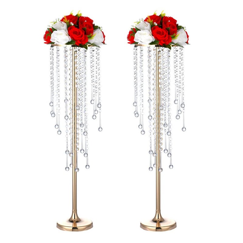 2Pcs 295 inches Gold Flower Vases with Chandelier Crystal Wedding Centerpieces for Tables Gold Metal Flower Stand Arrangement Bulk Metal Centerpieces Vases for Party Reception Ceremony Decoration
