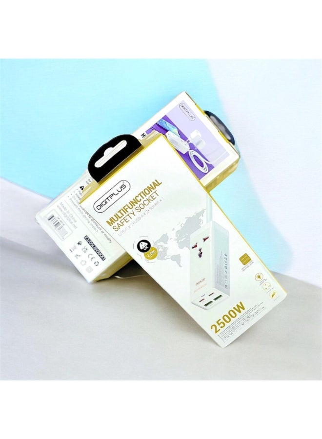 DigitPlus DP-601B Multifunctional Safety Socket – 2500W Power Extension with 2 USB-A & 2 USB-C Ports, 2M Cable - Image 1