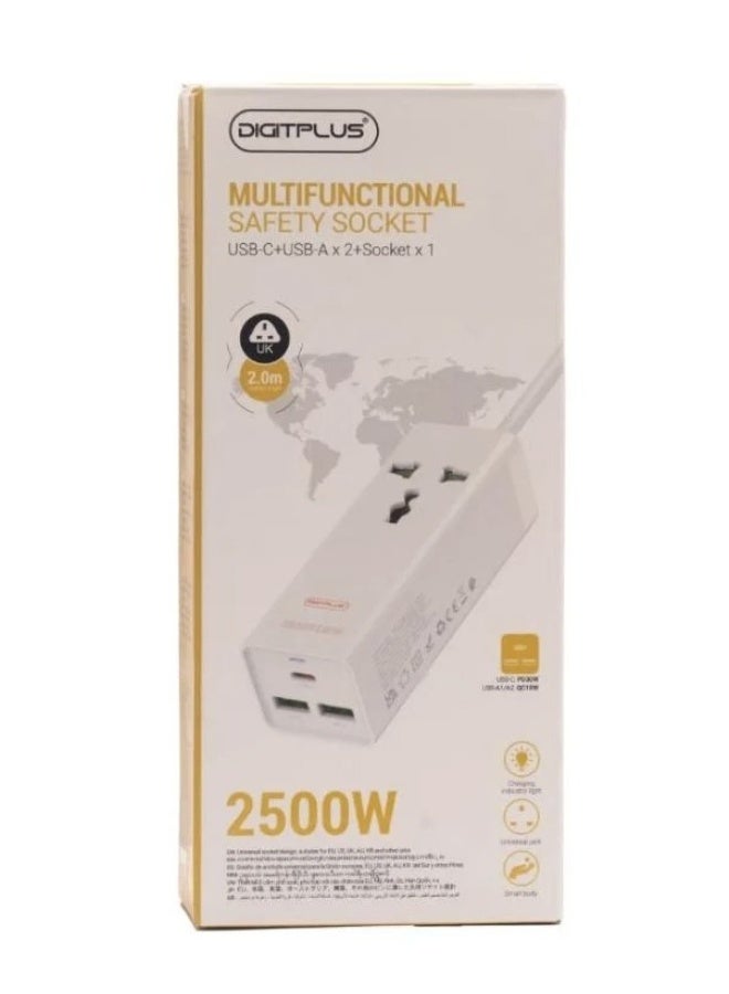 DigitPlus DP-601B Multifunctional Safety Socket – 2500W Power Extension with 2 USB-A & 2 USB-C Ports, 2M Cable - Image 2
