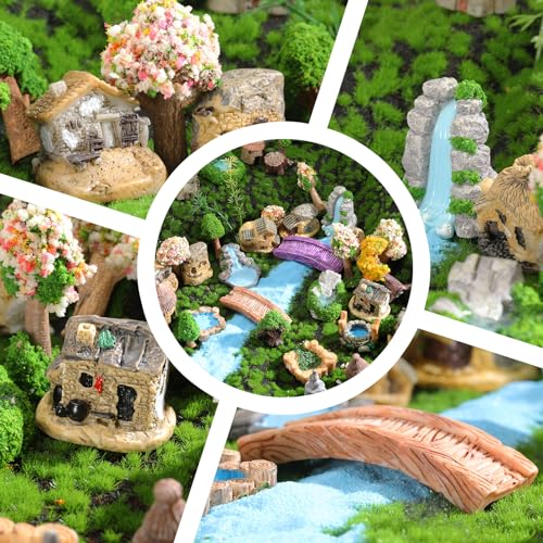 Canlierr 58 Pcs Miniature Garden Set Fairy House Bridge Rockery River Diorama Supplies Mini Terrarium Figurines Fairy Village Micro Landscape Ornament Model Trees for DIY Garden Decor Succulent Dollhouse Craft - Image 4