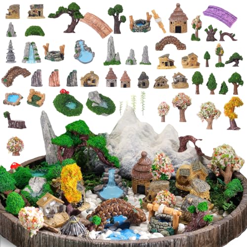 Canlierr 58 Pcs Miniature Garden Set Fairy House Bridge Rockery River Diorama Supplies Mini Terrarium Figurines Fairy Village Micro Landscape Ornament Model Trees for DIY Garden Decor Succulent Dollhouse Craft - Image 1