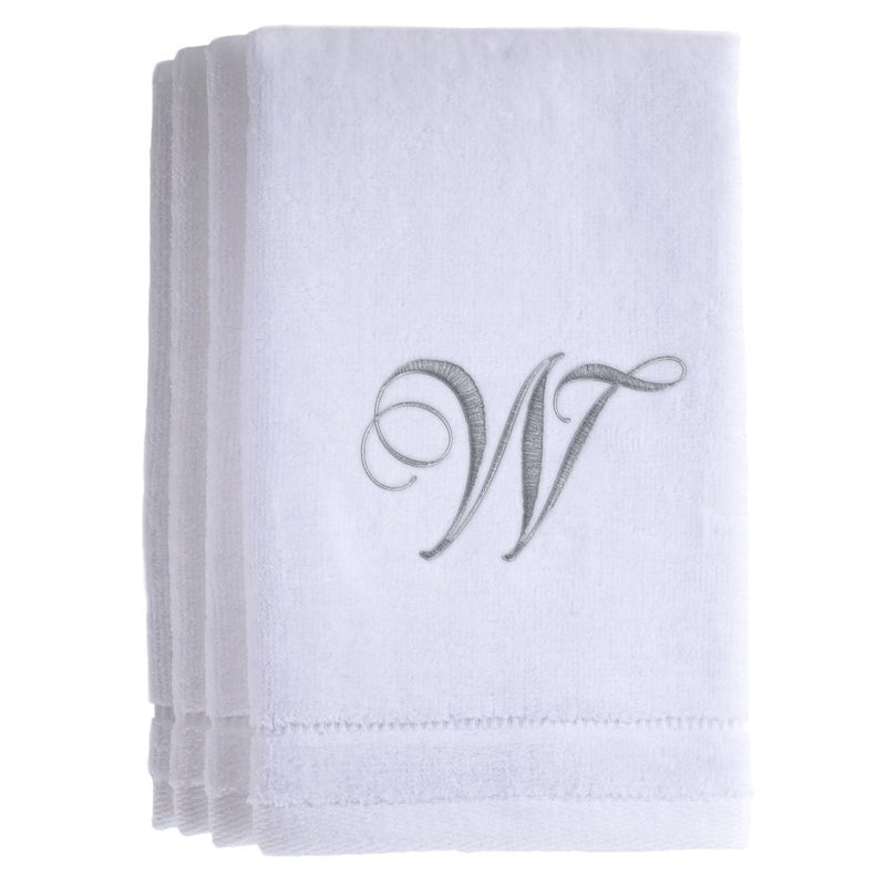 Creative Scents Monogrammed Towels Fingertip, Personalized Gift, 11 x 18 Inches - Set of 4- Silver Embroidered Towel - Extra Absorbent 100% Cotton- Soft Velour Finish - For Bathroom/ Kitchen/ Spa- Initial W (White) - Image 1
