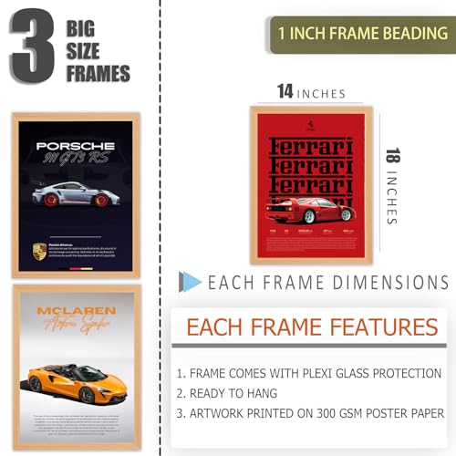 Gamya Engineered Wood Big Cars Framed Posters For Wall Decoration, Bedroom, Living Room, Gift Item For Boys | BMW, Porsche, Ferrari, Mercedes Posters Set of 3 (14x18 Inches) (Combo 1) - Image 2