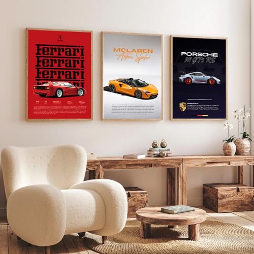Gamya Engineered Wood Big Cars Framed Posters For Wall Decoration, Bedroom, Living Room, Gift Item For Boys | BMW, Porsche, Ferrari, Mercedes Posters Set of 3 (14x18 Inches) (Combo 1) - Image 1