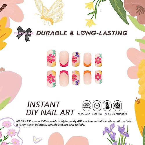 MABKJLF Short Press on Nails Square French Tip Fake Nails Full Cover False Nails with Colorful Flower Designs Glossy False Nails with Nail Glue Artificial Acylic Nails for Women Girls 24 Pcs - Image 5