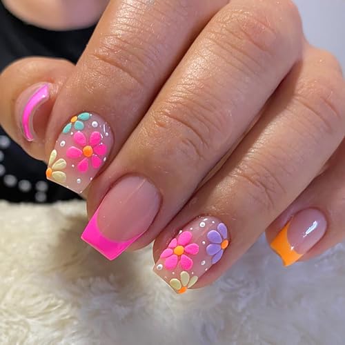 MABKJLF Short Press on Nails Square French Tip Fake Nails Full Cover False Nails with Colorful Flower Designs Glossy False Nails with Nail Glue Artificial Acylic Nails for Women Girls 24 Pcs - Image 2