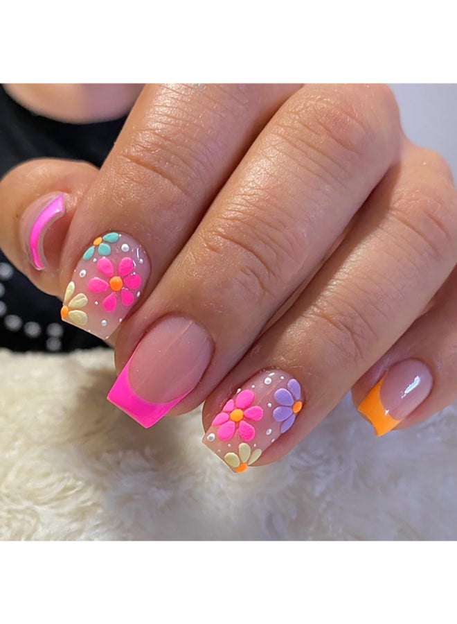 MABKJLF Short Press on Nails Square French Tip Fake Nails Full Cover False Nails with Colorful Flower Designs Glossy False Nails with Nail Glue Artificial Acylic Nails for Women Girls 24 Pcs - Image 3