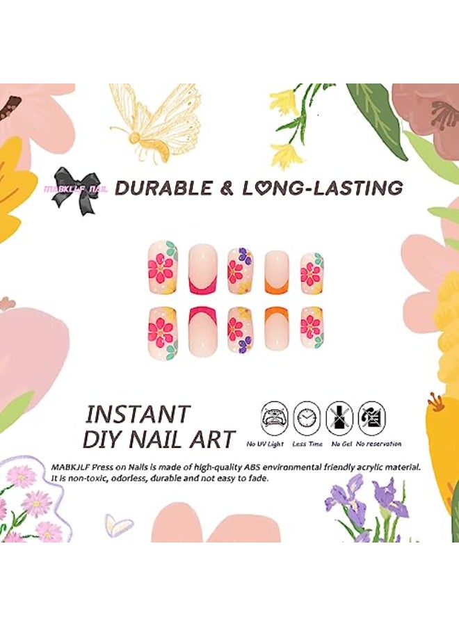 MABKJLF Short Press on Nails Square French Tip Fake Nails Full Cover False Nails with Colorful Flower Designs Glossy False Nails with Nail Glue Artificial Acylic Nails for Women Girls 24 Pcs - Image 4
