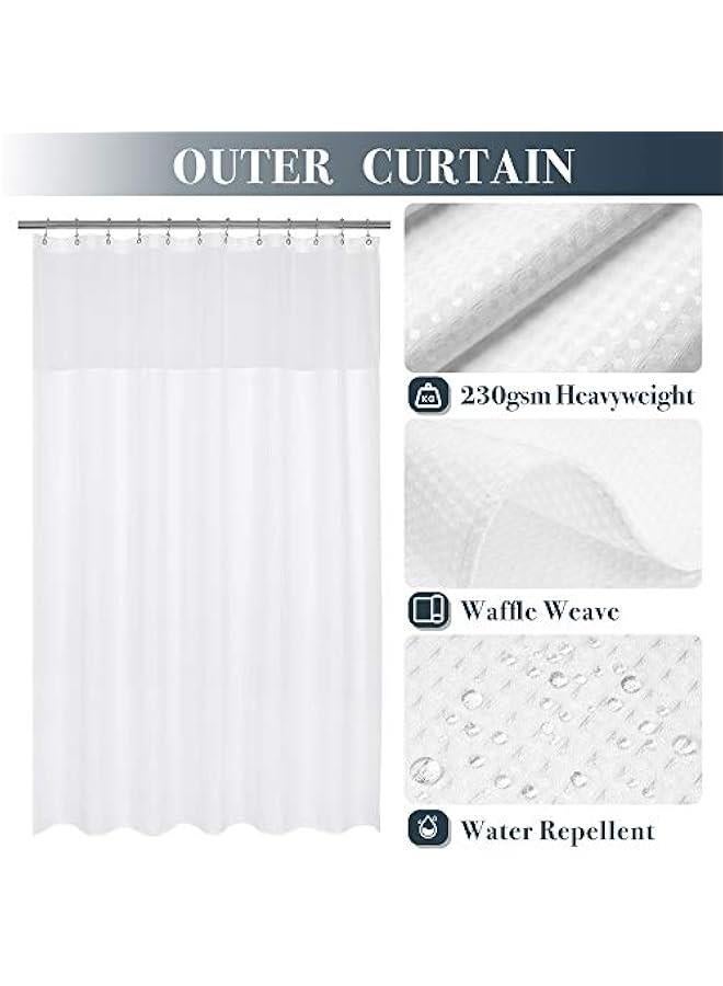 Waffle Weave Shower Curtain with Snap-in Fabric Liner Set, 12 White Hooks Included - Hotel Style, Waterproof u0026 Washable, Heavyweight Fabric u0026 Mesh Top Window - 71x72, White - Image 2
