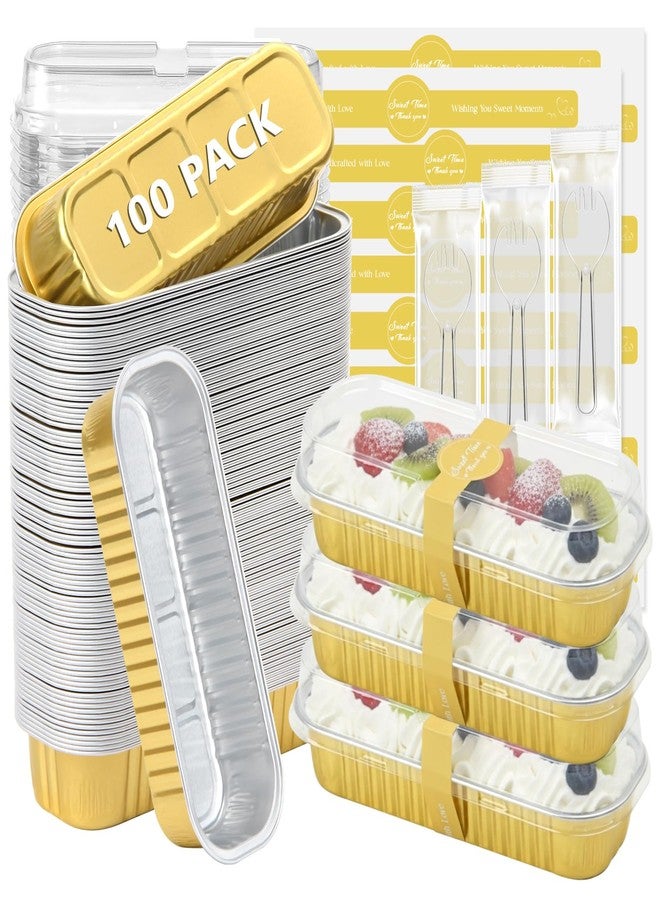 Ruckae 100 Pack Mini Loaf Pans with Lids and Spoons Disposable Aluminum Tin Foil Pans Rectangle Mini Loaf Cake Pan for Baking,Party,Picnics,Gifts (Gold) - Image 1