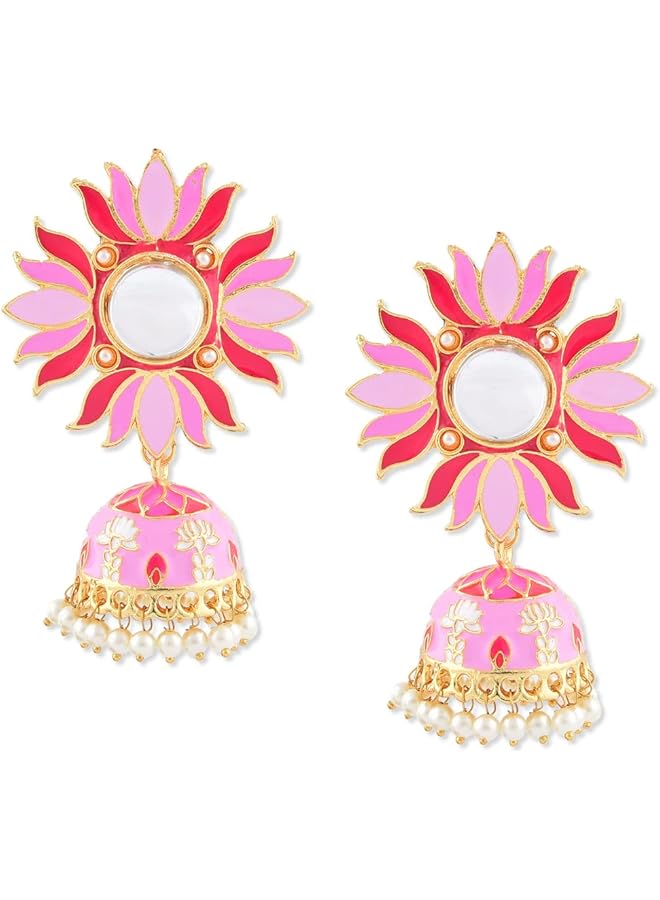 Pink Lotus Meenakari Traditional Jhumki Earring For Women Zpfk9983 Onesize  - Image 1