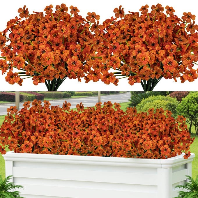 24 PCS ARTIFICIAL FLOWERS FOR OUTDOORPLASTIC FLOWERS DECORATION UV RESISTANT FAUX FLOWERS SHRUBS ARTIFICIAL PLANTS FOR INDOOR OUTSIDE GARDEN HOME WEDDING FARMHOUSEORANGE