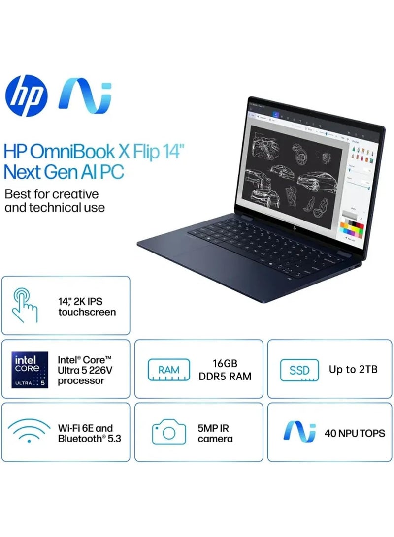 HP OmniBook X Flip 14-FM0013DX 2-in-1 Laptop, 14" WUXGA IPS Touchscreen, Intel Core Ultra 5 226V, 16GB RAM, 2TB SSD, Intel Arc 130V GPU, Thunderbolt 4, Windows 11 Home English Atmospheric Blue - Image 3