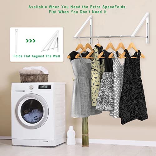 Anjuer Laundry Room Drying Rack Wall Mounted Clothes Hanger Folding Wall Coat Racks Aluminum Home Storage Organiser Space Savers White 2 Rakcs with Rod - Image 3