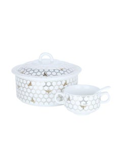 Alsaif Gallery ONEMORE Soup Heater Set With Porcelain Stand 15 Pieces Golden White  - Image 3