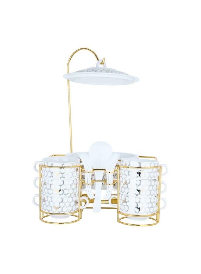 السيف غاليري طقم سخان حساء ون مور مع حامل بورسلين، 15 قطعة، ذهبي وأبيض - Image 2