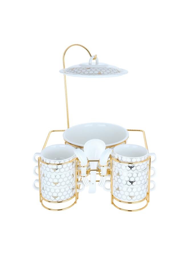 السيف غاليري طقم سخان حساء ون مور مع حامل بورسلين، 15 قطعة، ذهبي وأبيض - Image 1