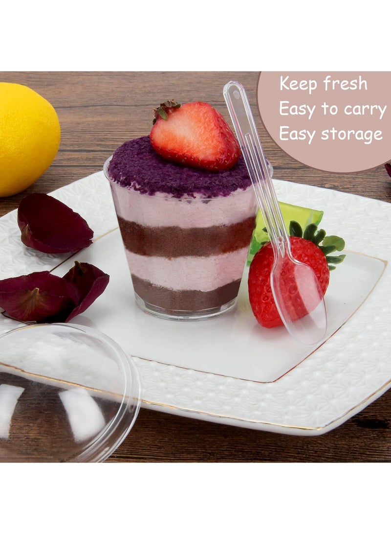 Sweet seven أكواب الحلوى مع أغطية قبة وملعقات - عبوة 100 حبة سعة 3 أونصات أكواب بارفيه بلاستيكية صغيرة لتقديم الحلوى بشكل أنيق - Image 2