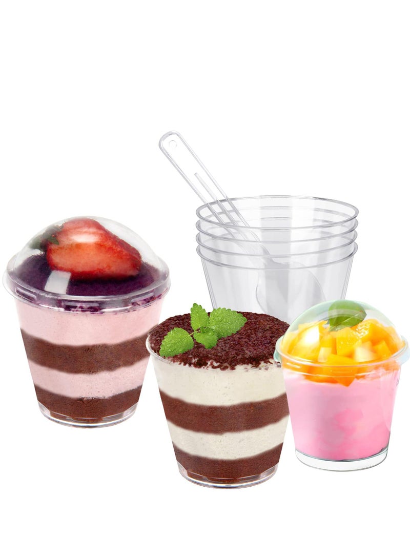Sweet seven أكواب الحلوى مع أغطية قبة وملعقات - عبوة 100 حبة سعة 3 أونصات أكواب بارفيه بلاستيكية صغيرة لتقديم الحلوى بشكل أنيق - Image 1