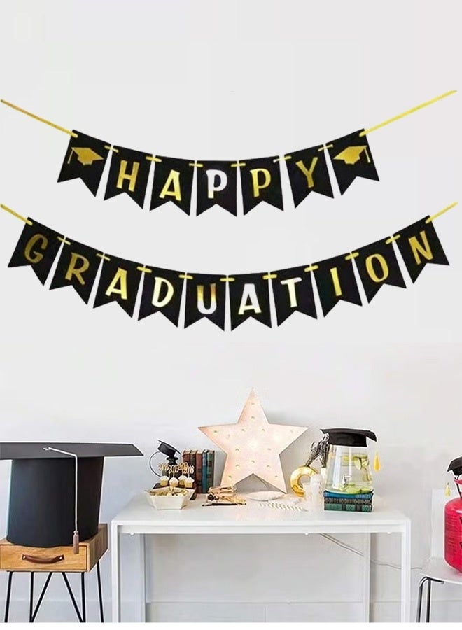 Ailily Graduation Banners,Graduation season flag raising ,Black and gold swallowtail flag 'Happy Graduation', Graduation Party Supplies,Grad Banner for School, Home, Classroom, Door or Car Decor - Image 1
