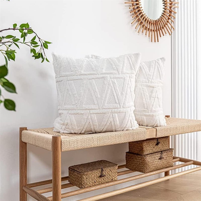 neotimely Faux Wool Throw Pillow Covers, Decorative Soft Plush Pillow Covers, Triangles Luxury Style Cushion Case Pillow Shell, Boho Cushion Pillowcase for Sofa Bedroom, Set of 2 (16 x 16 Inches, White) - Image 2