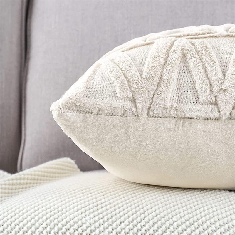 neotimely Faux Wool Throw Pillow Covers, Decorative Soft Plush Pillow Covers, Triangles Luxury Style Cushion Case Pillow Shell, Boho Cushion Pillowcase for Sofa Bedroom, Set of 2 (16 x 16 Inches, White) - Image 4