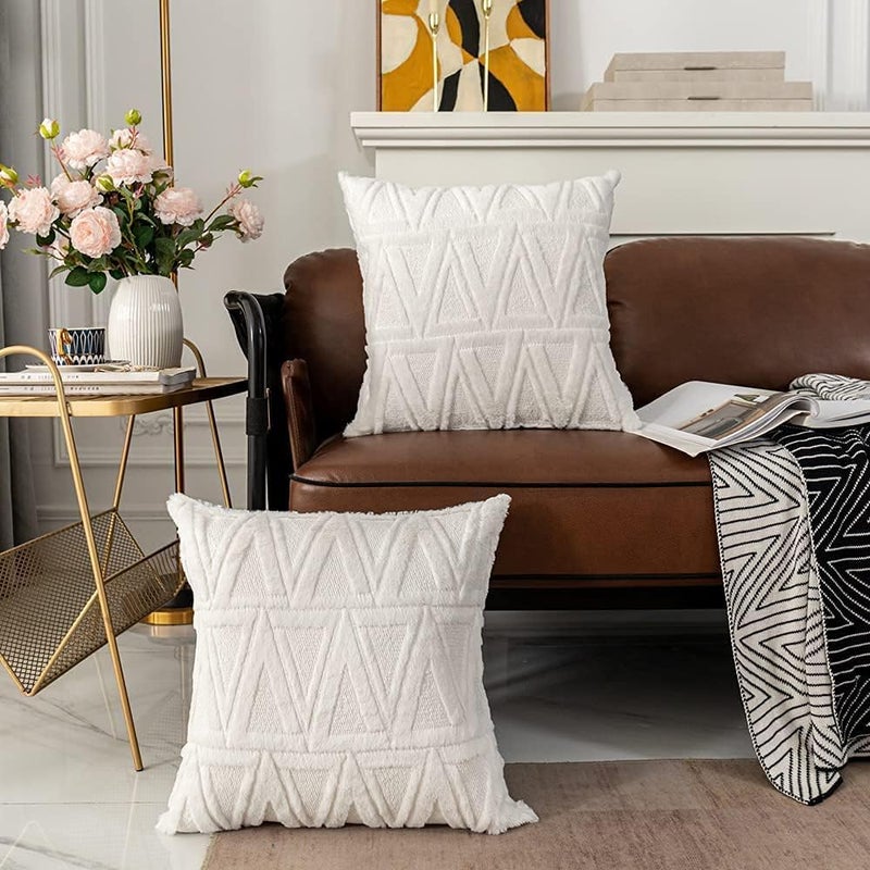 neotimely Faux Wool Throw Pillow Covers, Decorative Soft Plush Pillow Covers, Triangles Luxury Style Cushion Case Pillow Shell, Boho Cushion Pillowcase for Sofa Bedroom, Set of 2 (16 x 16 Inches, White) - Image 3