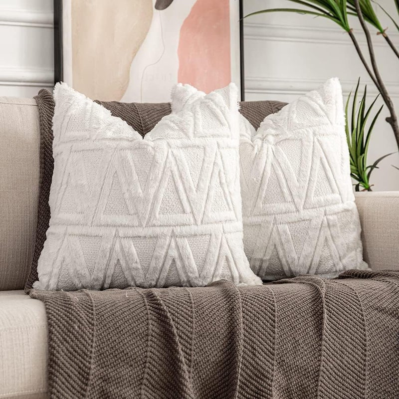neotimely Faux Wool Throw Pillow Covers, Decorative Soft Plush Pillow Covers, Triangles Luxury Style Cushion Case Pillow Shell, Boho Cushion Pillowcase for Sofa Bedroom, Set of 2 (16 x 16 Inches, White) - Image 1