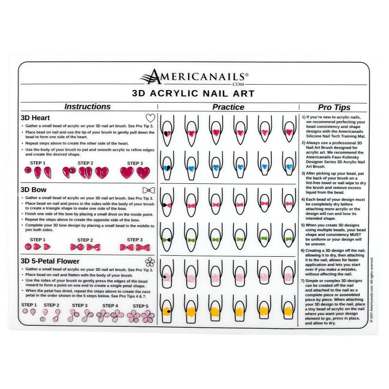 AMERICANAILS .COM Americanails 3D Acrylic Nail Art Training Mat - Silicone Trainer Sheet for 3D Acrylic Nail Art Design - Step-by-Step Instructions & Diagrams - Create Hearts, Bows & Flowers - Protects Desk Surface - Image 1