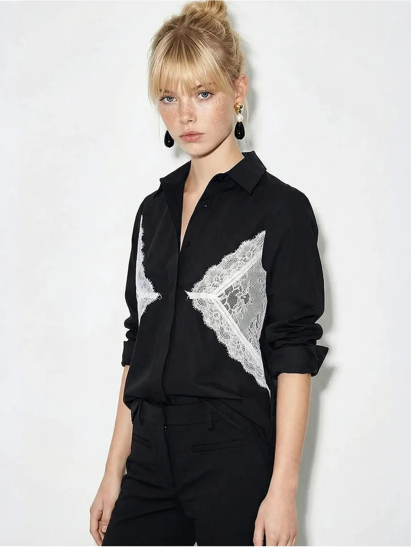 بيانكو لوتشي LUCCI Lace Detail Button-Up Shirt