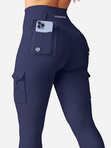 YEOREO CoreFlex Workout Cargo Leggings with Pockets for Women Hidden Scrunch Butt Lifting Leggings Gym Yoga Pants Navy L - Image 4