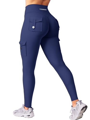 YEOREO CoreFlex Workout Cargo Leggings with Pockets for Women Hidden Scrunch Butt Lifting Leggings Gym Yoga Pants Navy L - Image 1