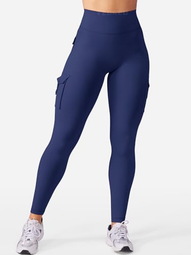 YEOREO CoreFlex Workout Cargo Leggings with Pockets for Women Hidden Scrunch Butt Lifting Leggings Gym Yoga Pants Navy L - Image 5