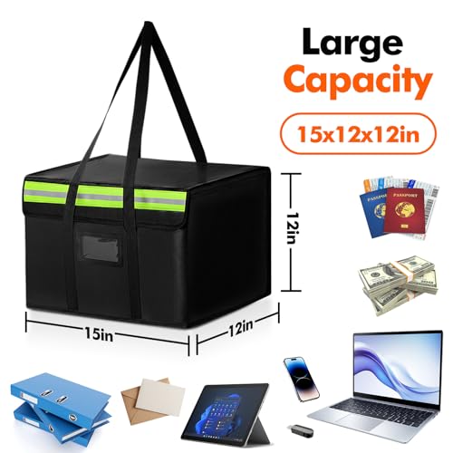 Amerbro Fireproof Document Bags, Fireproof Document Box for Cash, Photo Albums, Valuables, Extra Large Fireproof Bag Waterproof Document Storage with Reflective Strip, 15x12x12in, Black - Image 2