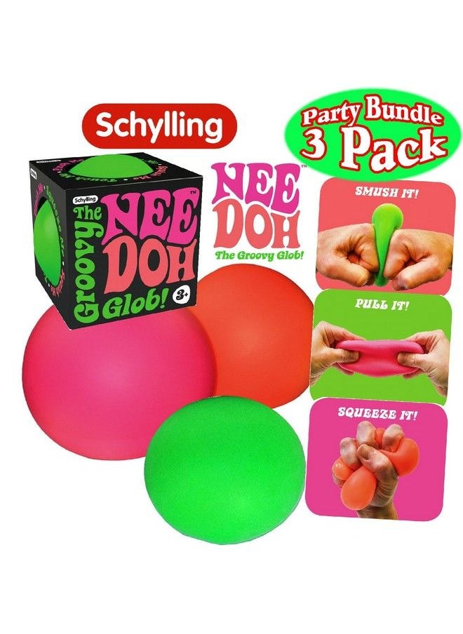 Schylling Needoh The Groovy Glob! Squishy Squeezy Stretchy Stress Balls Green Orange & Pink Complete Gift Set Party Bundle 3 Pack  - Image 1