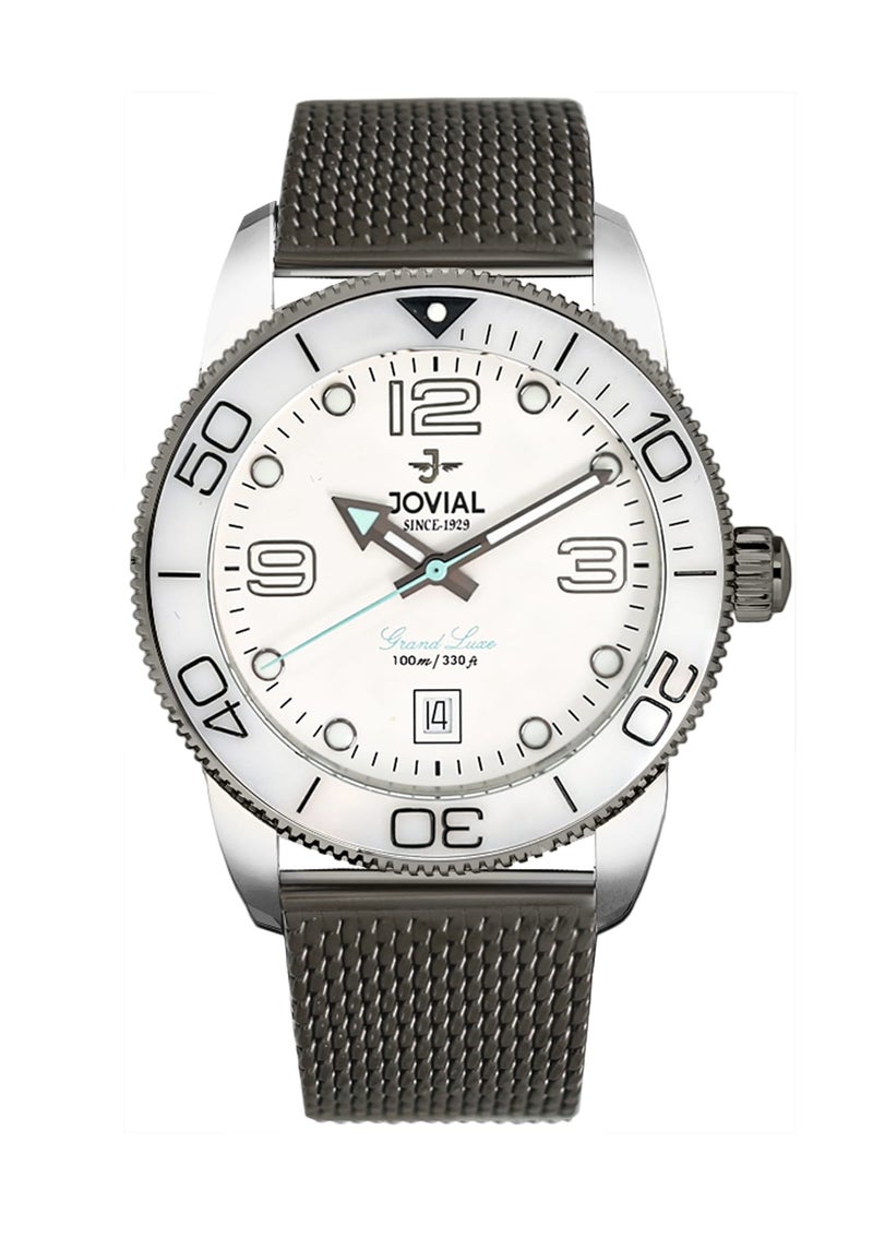 جوفيال ساعة جوفيال 1535GBMQ01E للرجال مصنوعة من الفولاذ المقاوم للصدأ وسوار شبكي منسوج، إطار سيراميك، مينا أبيض، تصميم رياضي أنيق، 41 مم - Image 1