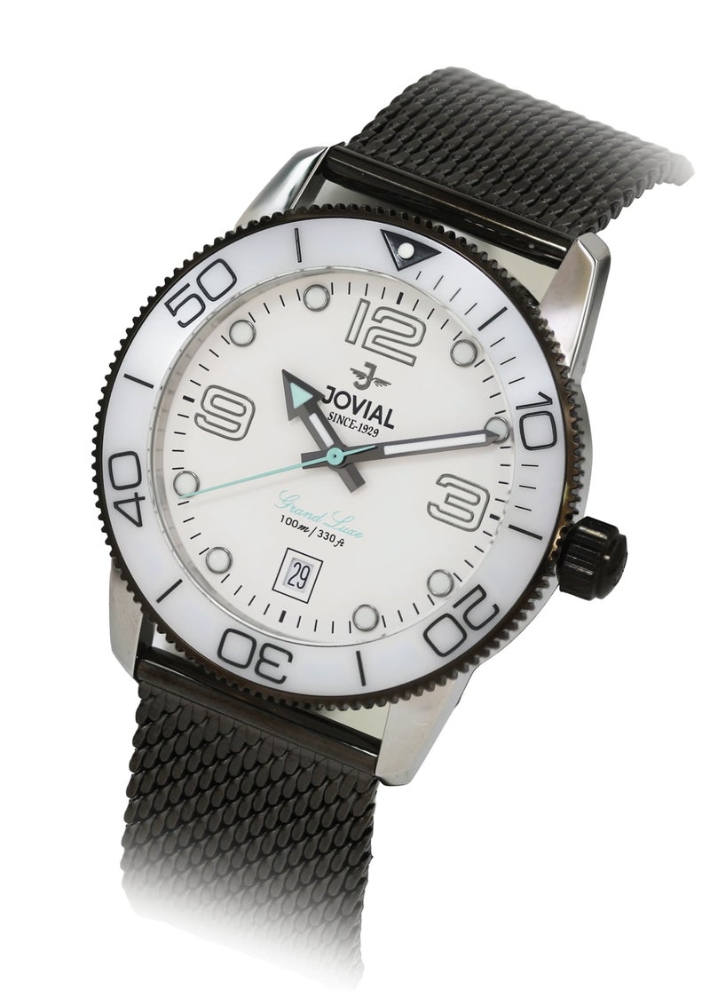 جوفيال ساعة جوفيال 1535GBMQ01E للرجال مصنوعة من الفولاذ المقاوم للصدأ وسوار شبكي منسوج، إطار سيراميك، مينا أبيض، تصميم رياضي أنيق، 41 مم - Image 2