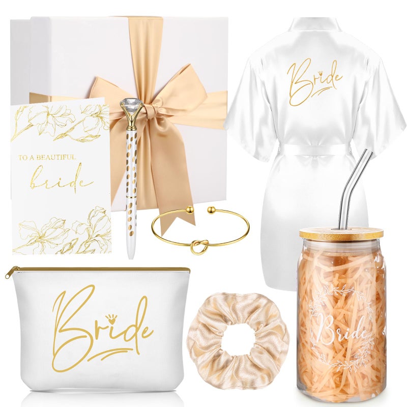 Irenare 8 Pcs Bride Gifts Set for Bridal Shower Bachelorette Party Robe Cup Makeup Bag Bracelet Scrunchies Card Pen Gift Box(White) - Image 1