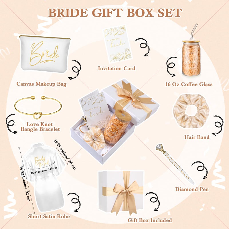 Irenare 8 Pcs Bride Gifts Set for Bridal Shower Bachelorette Party Robe Cup Makeup Bag Bracelet Scrunchies Card Pen Gift Box(White) - Image 2