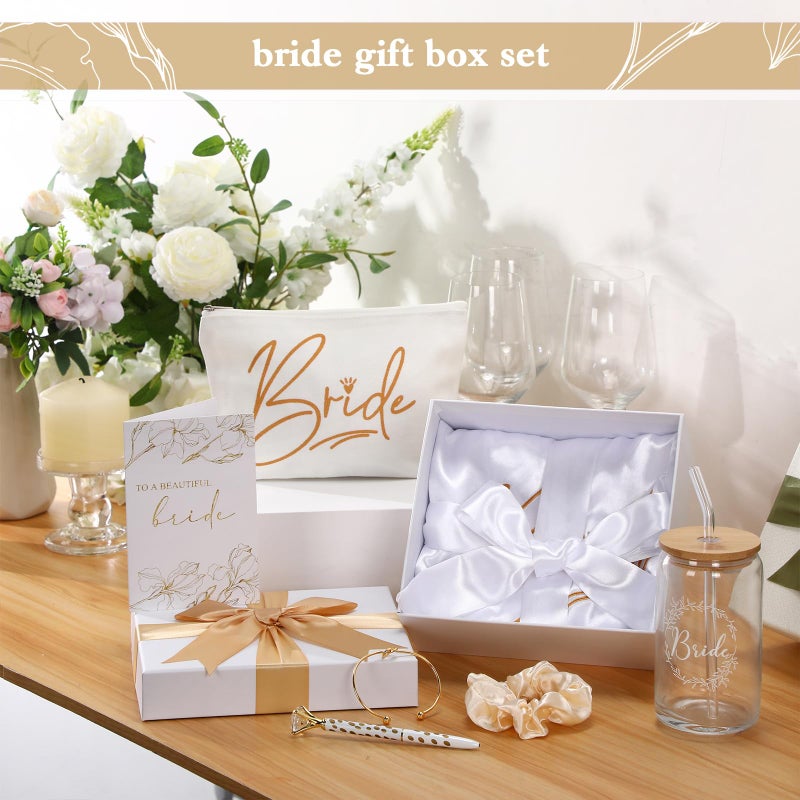 Irenare 8 Pcs Bride Gifts Set for Bridal Shower Bachelorette Party Robe Cup Makeup Bag Bracelet Scrunchies Card Pen Gift Box(White) - Image 5