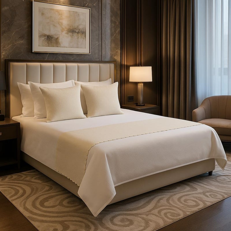 Décor Bed Runner Set with 2 Cushion Covers (16x16) – Hotel-Style, Colorfast & Machine-Washable – Fits Queen/King – Antique Gold Damask (Pattern)