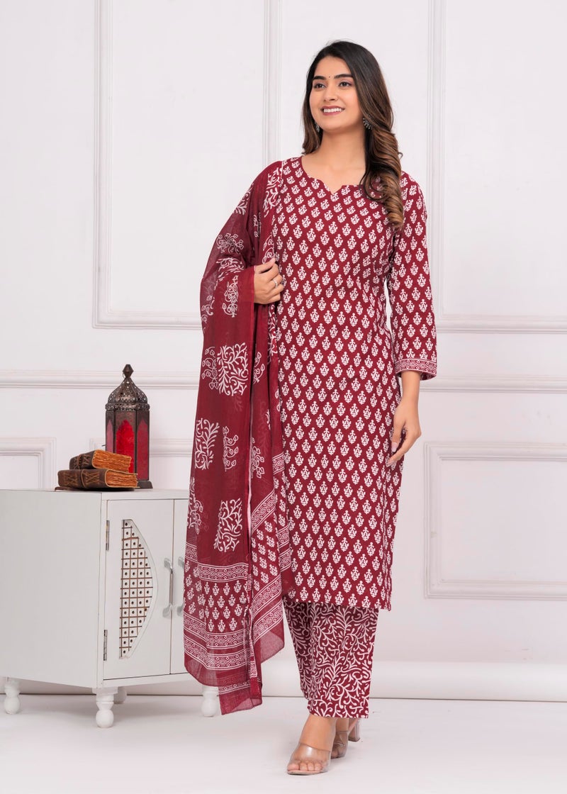 MEERA FAB Women's Cotton Printed Straight Kurta with Palazzo & Dupatta Set Maroon - Image 4