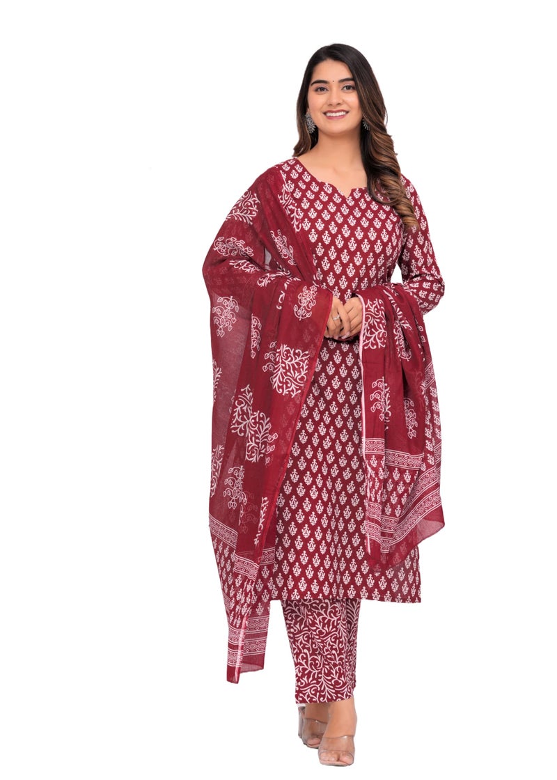 MEERA FAB Women's Cotton Printed Straight Kurta with Palazzo & Dupatta Set Maroon - Image 1