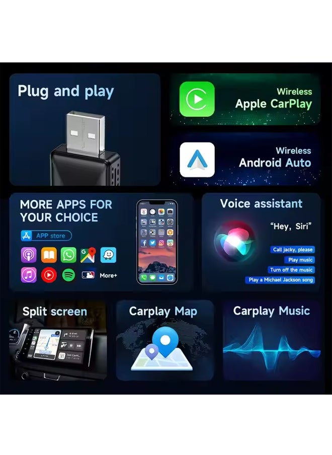 Wireless CarPlay Adapter for iPhone, 2-in-1 Wireless Carplay Plug Play Smart AI Box BT Wireless Dongle Mini Size , Stable Control & No Delay, Black