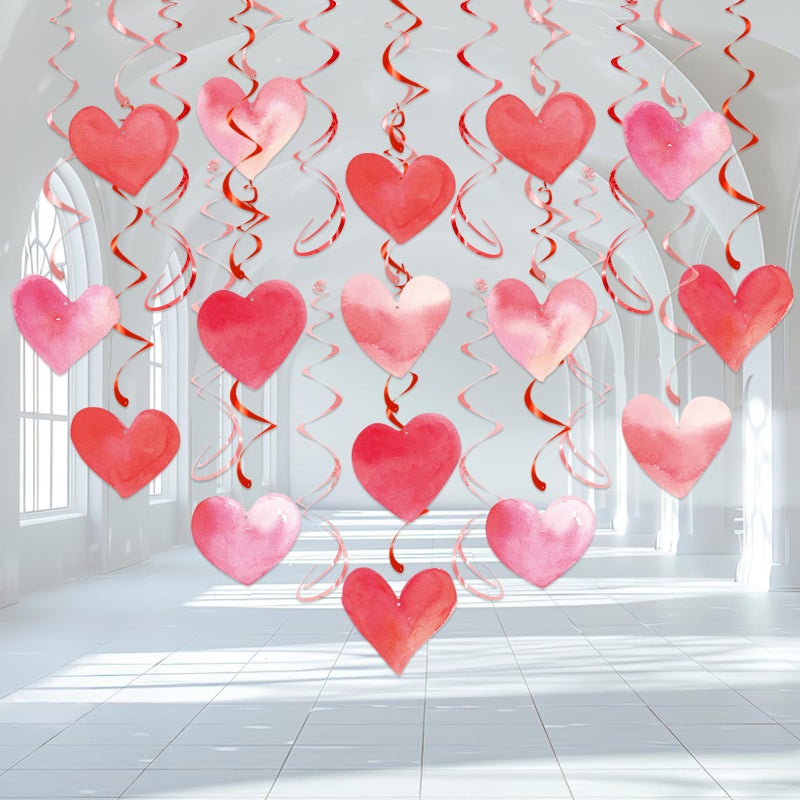 Pedel Red Pink Heart Hanging Swirl Decorations  Foil Ceiling Hanging Whirls For Valentines Day Decorations Galentines Birthday Engagement Wedding Party Supplies 24 Pcs - Image 1