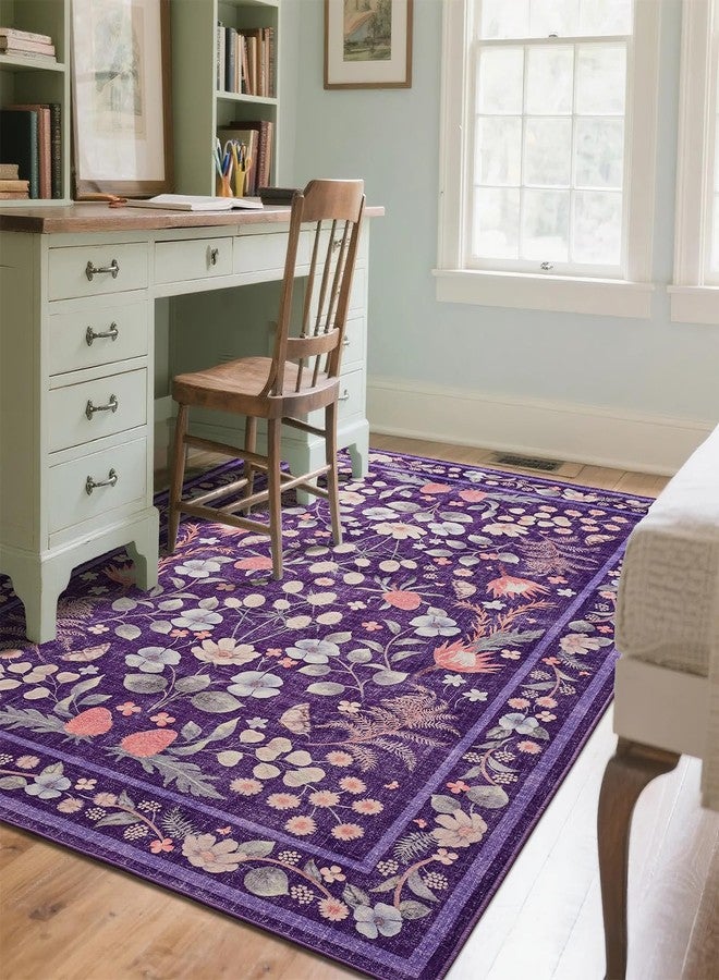 Przemy Area Rugs for Living Room, 4x6 Washable Rug Floral for Kid's Bedroom, Non Slip Rustic Carpet for Office Bedside Entryway Kitchen, Purple - Image 4