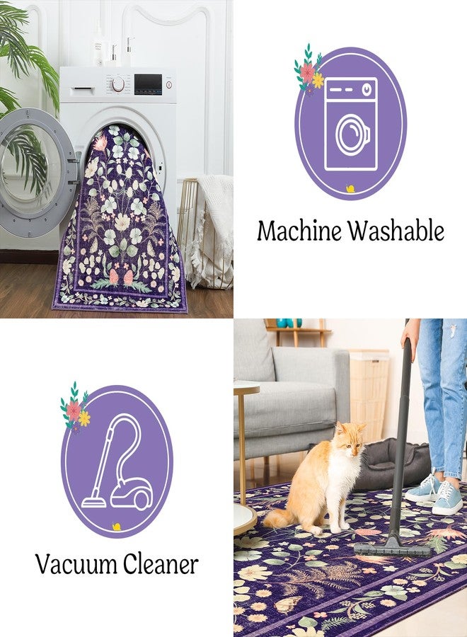 Przemy Area Rugs for Living Room, 4x6 Washable Rug Floral for Kid's Bedroom, Non Slip Rustic Carpet for Office Bedside Entryway Kitchen, Purple - Image 3